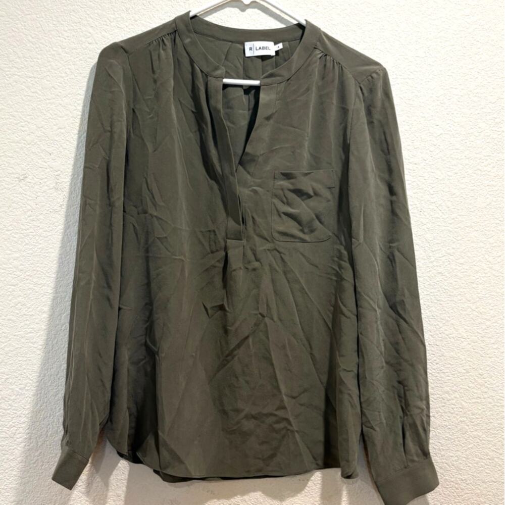 The Reset R Label Olive Green 100% Silk Long Sleeve Blouse Size S